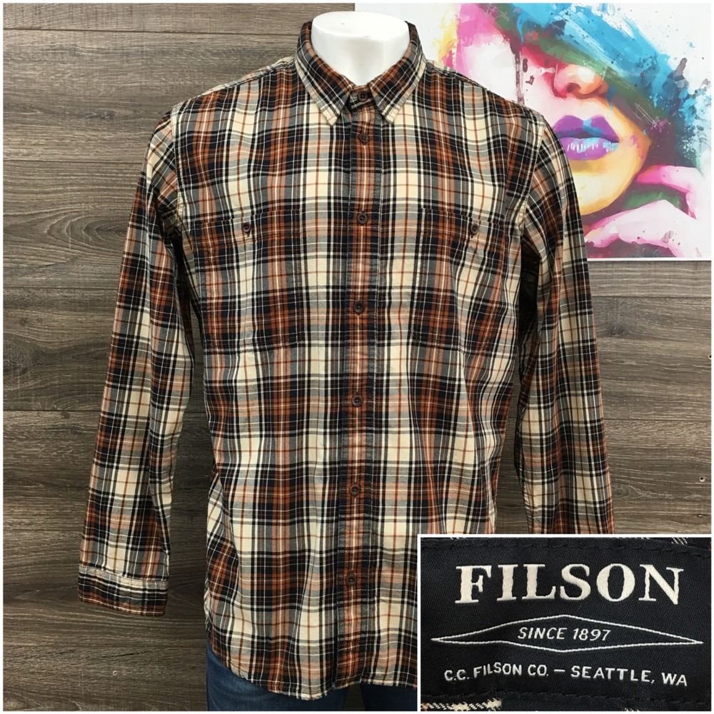 Filson Mens XL Plaid Button Down Shirt Navy Gold Cream Long Sleeve Cotton